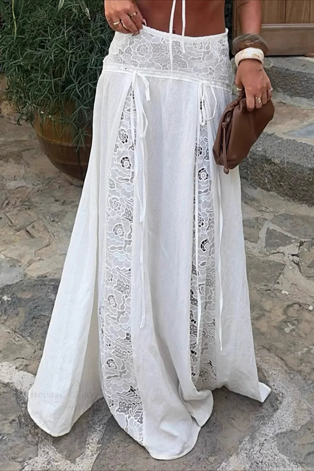 Lång kjol dam i vit boho spets patchwork maxilängd med snörning och rosett
