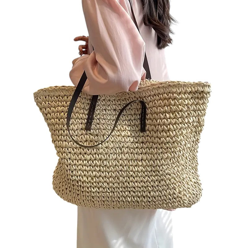 Tote bag dam i vävd design, stor handväska med hållbara axelremmar