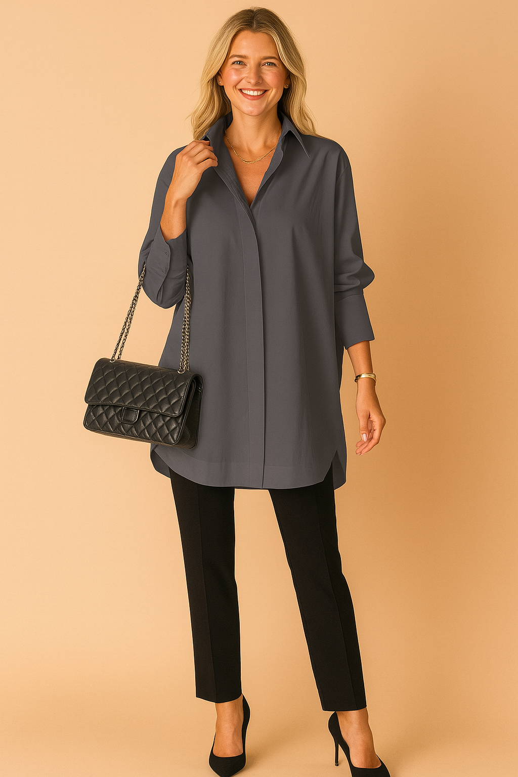 Blus dam oversize skjortstil med krage och rak passform