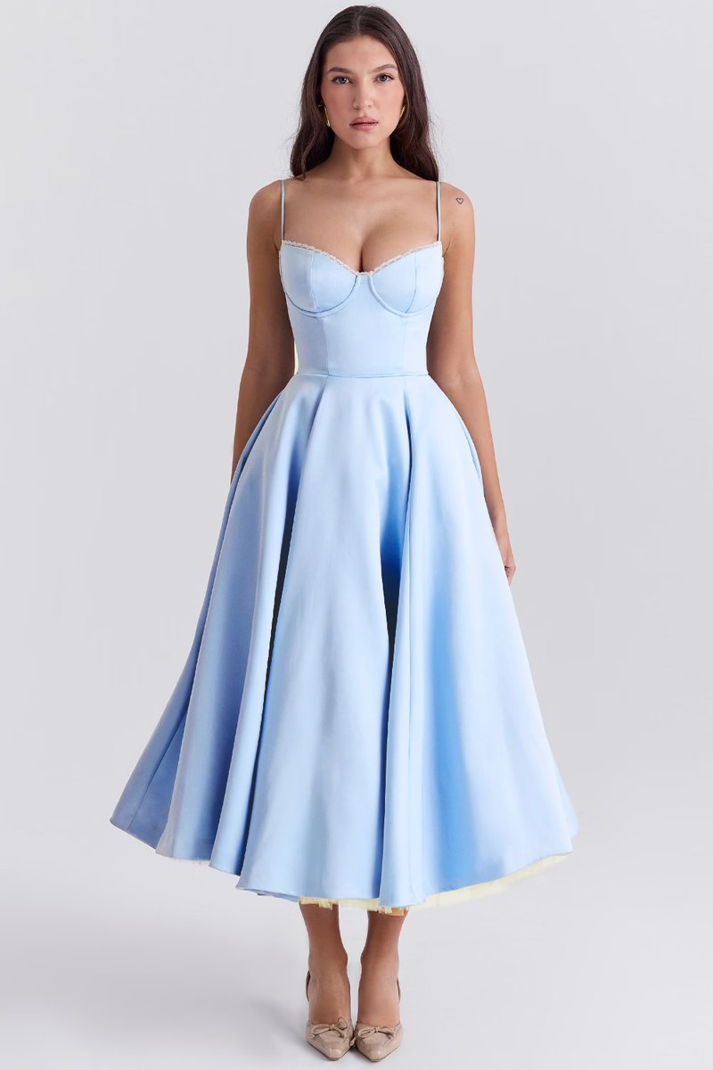 Festklänning dam midi i satin med vid kjol och bustier