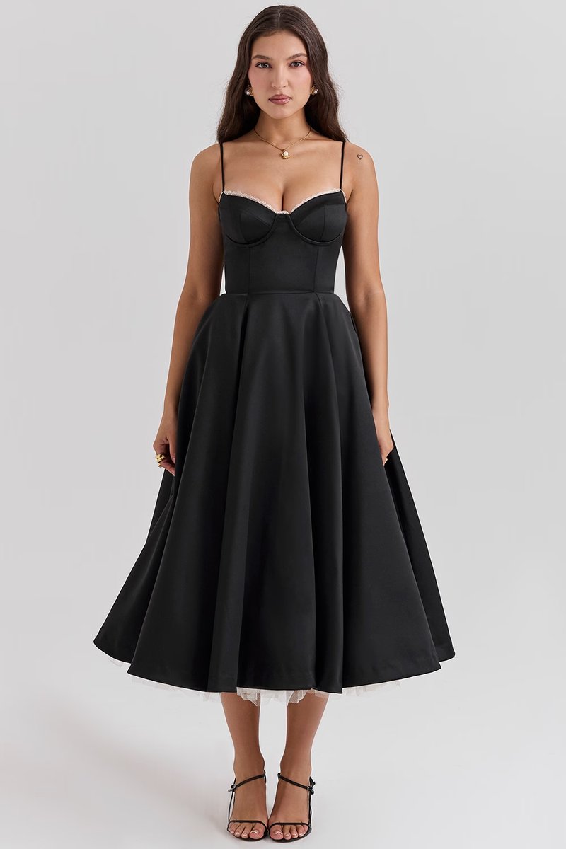 Festklänning dam midi i satin med vid kjol och bustier