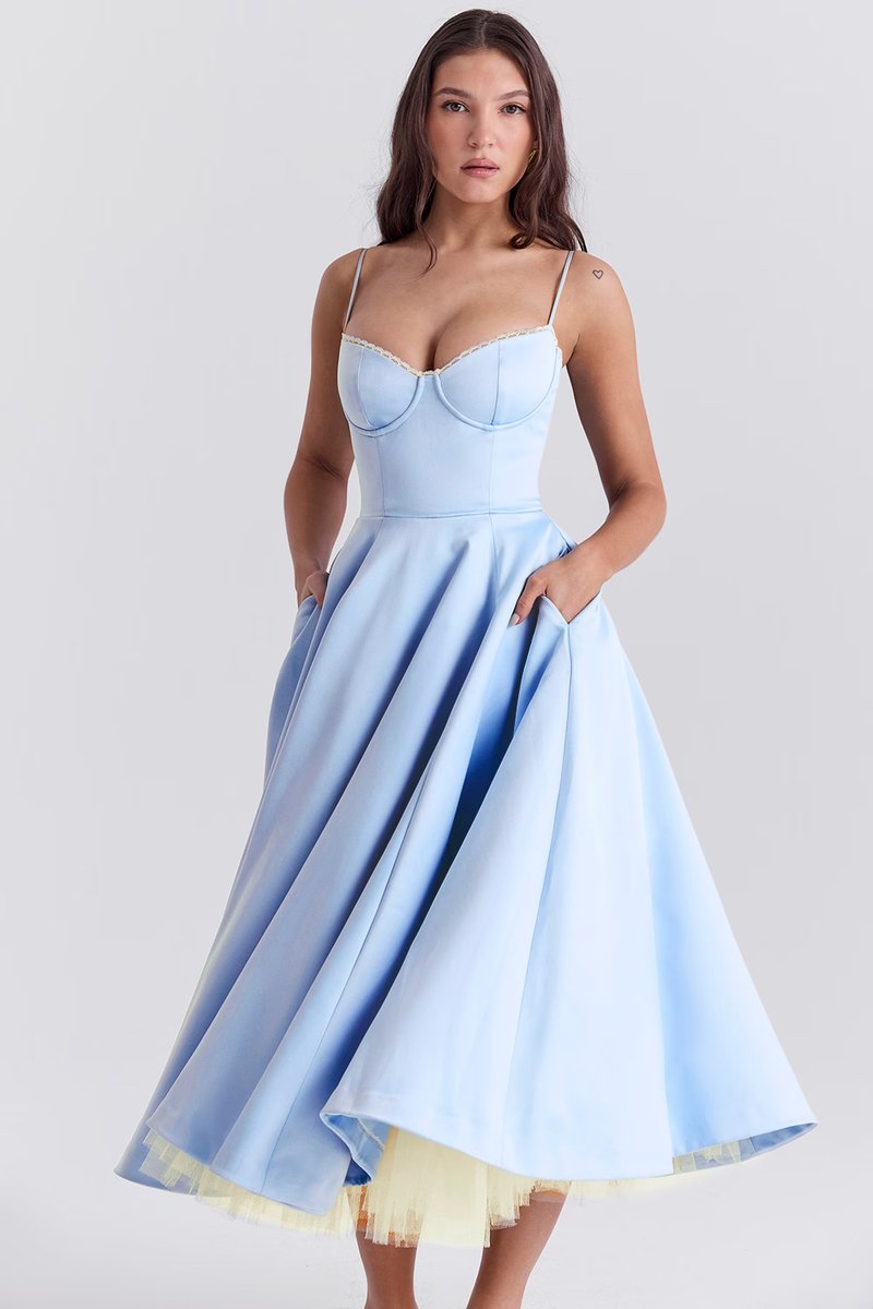 Festklänning dam midi i satin med vid kjol och bustier