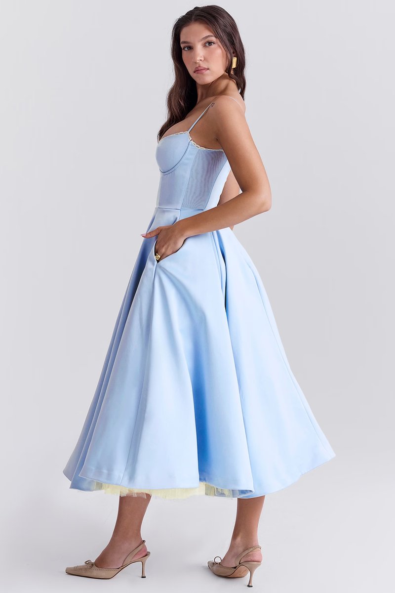 Festklänning dam midi i satin med vid kjol och bustier