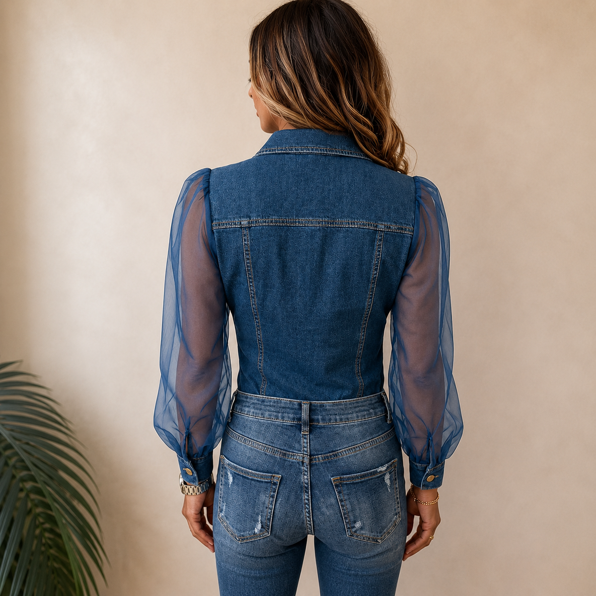 Blus dam i jeanslook med figurnära passform