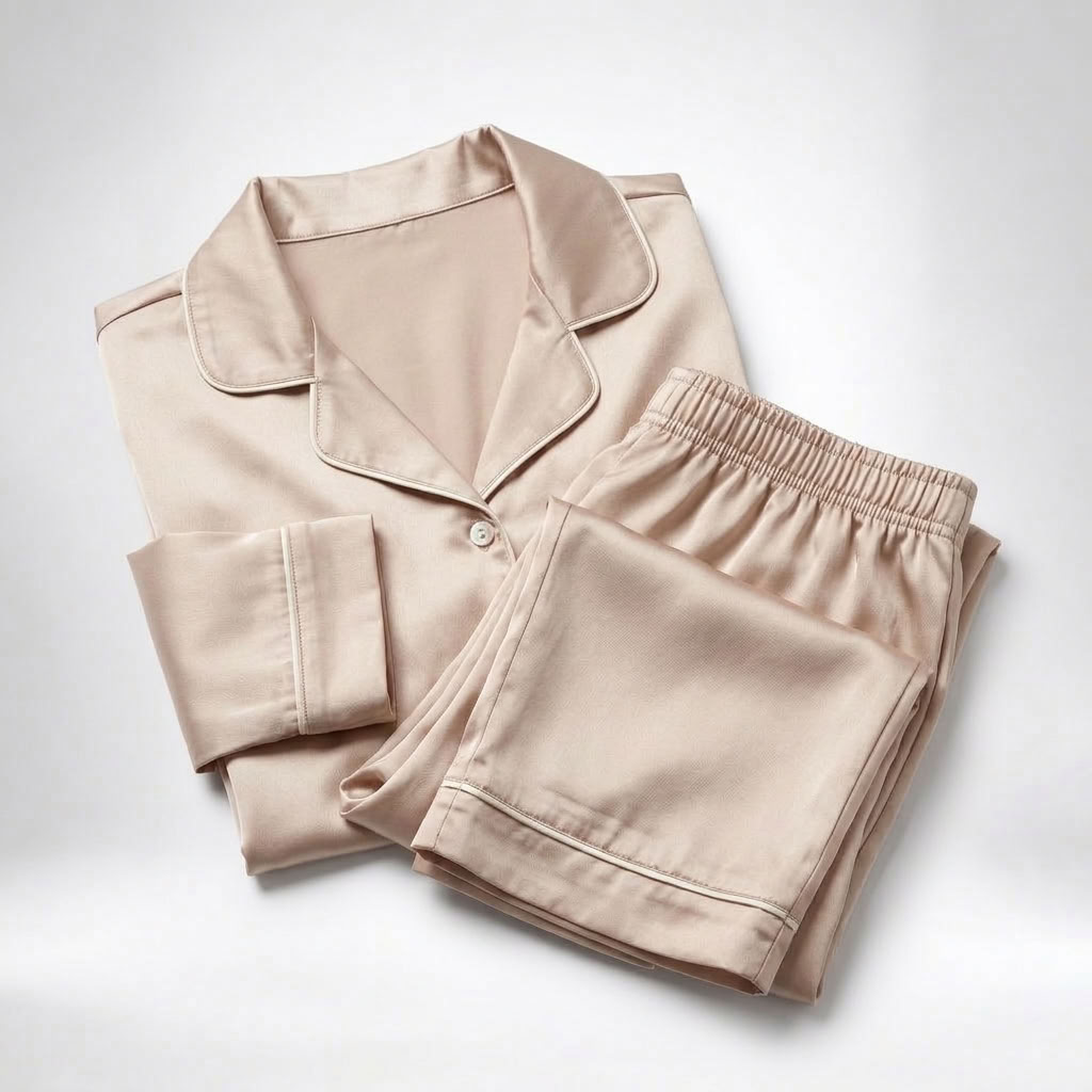 Dam satin pyjamas tvådelad med långärmad skjorta och kragad