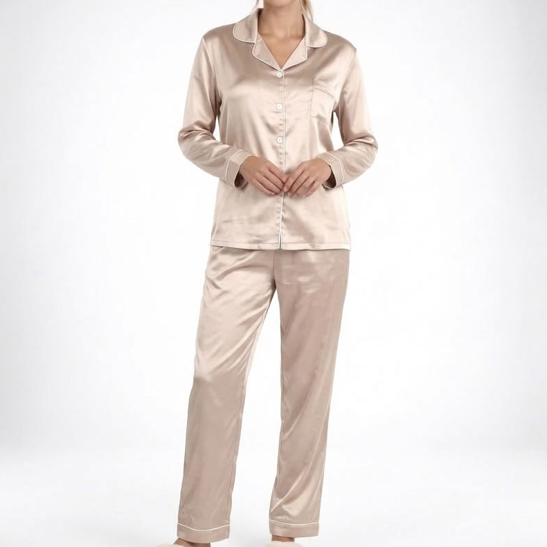 Dam satin pyjamas tvådelad med långärmad skjorta och kragad