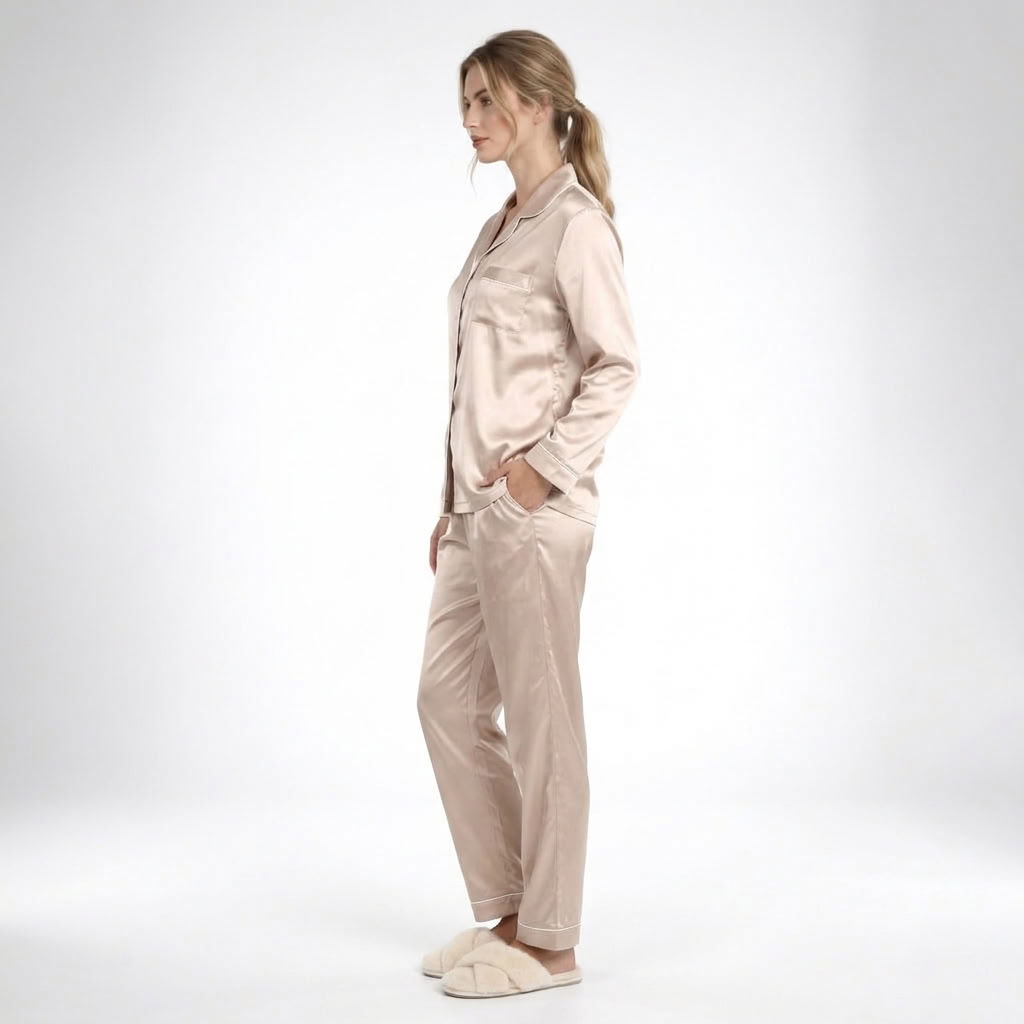 Dam satin pyjamas tvådelad med långärmad skjorta och kragad