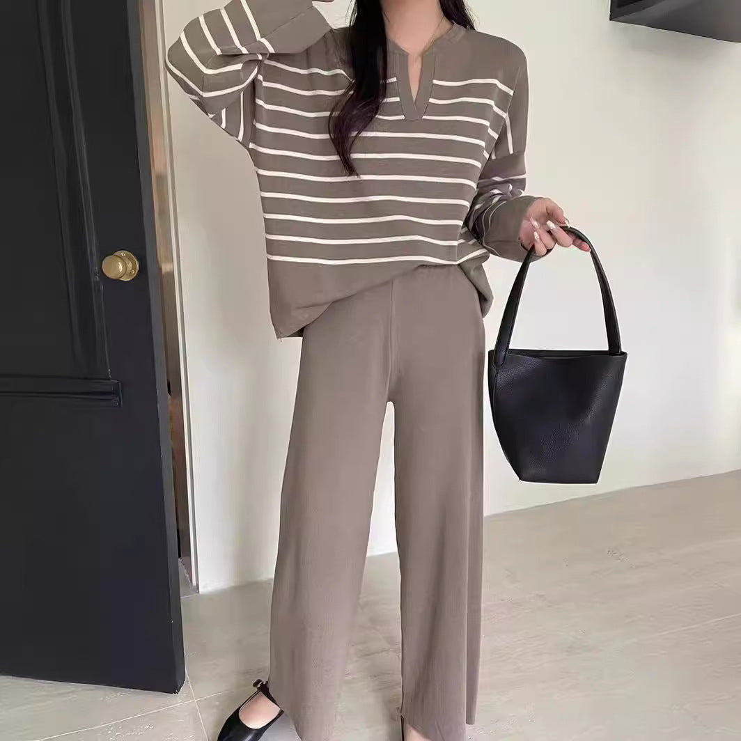 Stickat set dam tvådelad tweed randig blus och vida byxor