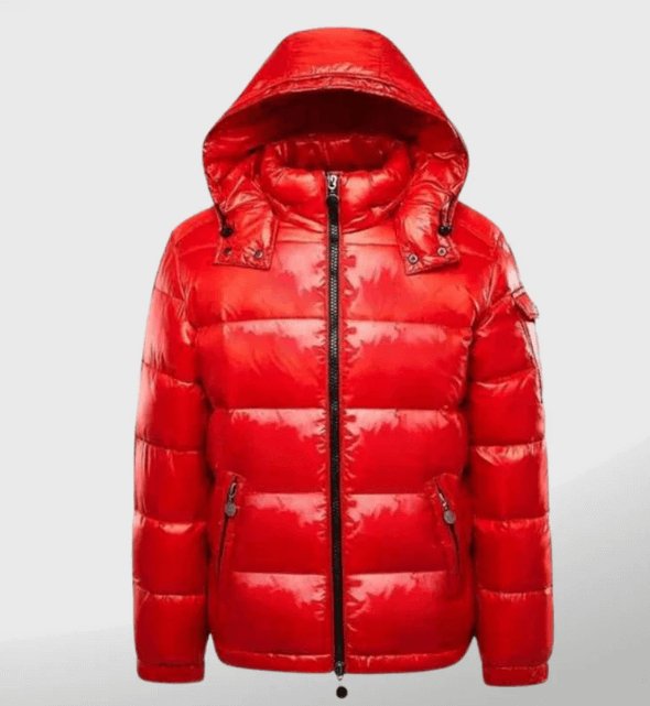 Vinterjacka dam med vadderad pufferdesign, glansig yta och avtagbar huva