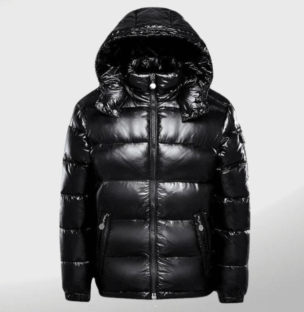 Vinterjacka dam med vadderad pufferdesign, glansig yta och avtagbar huva