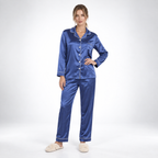Dam satin pyjamas tvådelad med långärmad skjorta och kragad
