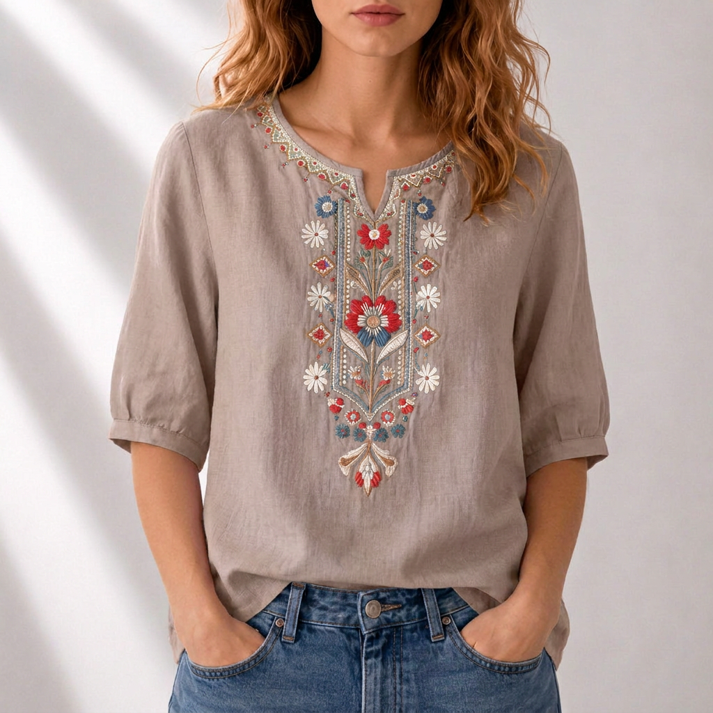 Blus dam broderad lätt med fin broderi och luftig passform