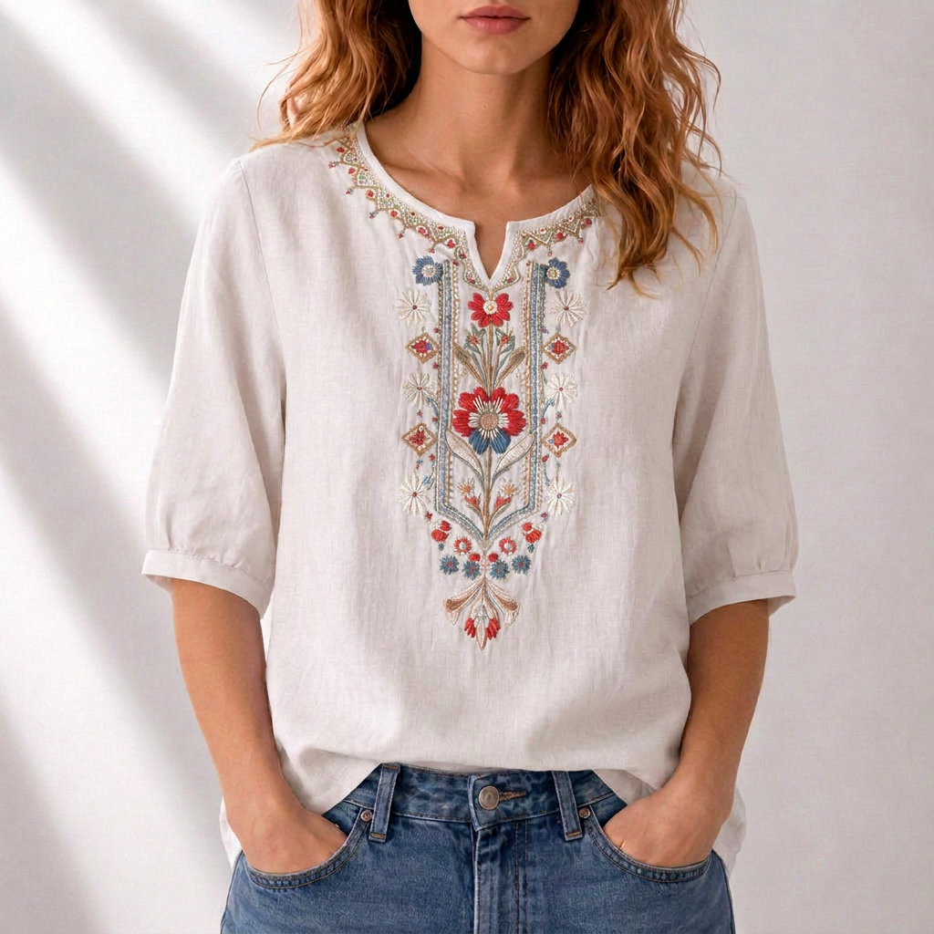Blus dam broderad lätt med fin broderi och luftig passform