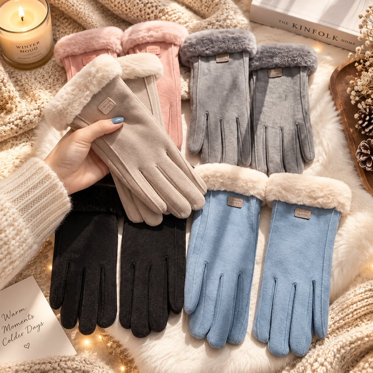 Handskar dam vinter med lammskinnsfoder och touchskärm