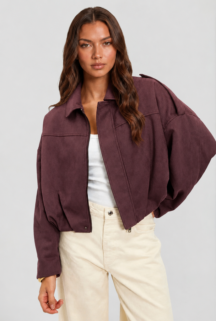 Jacka dam kort oversized med dragkedja och uppvikt krage