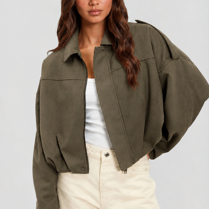 Jacka dam kort oversized med dragkedja och uppvikt krage