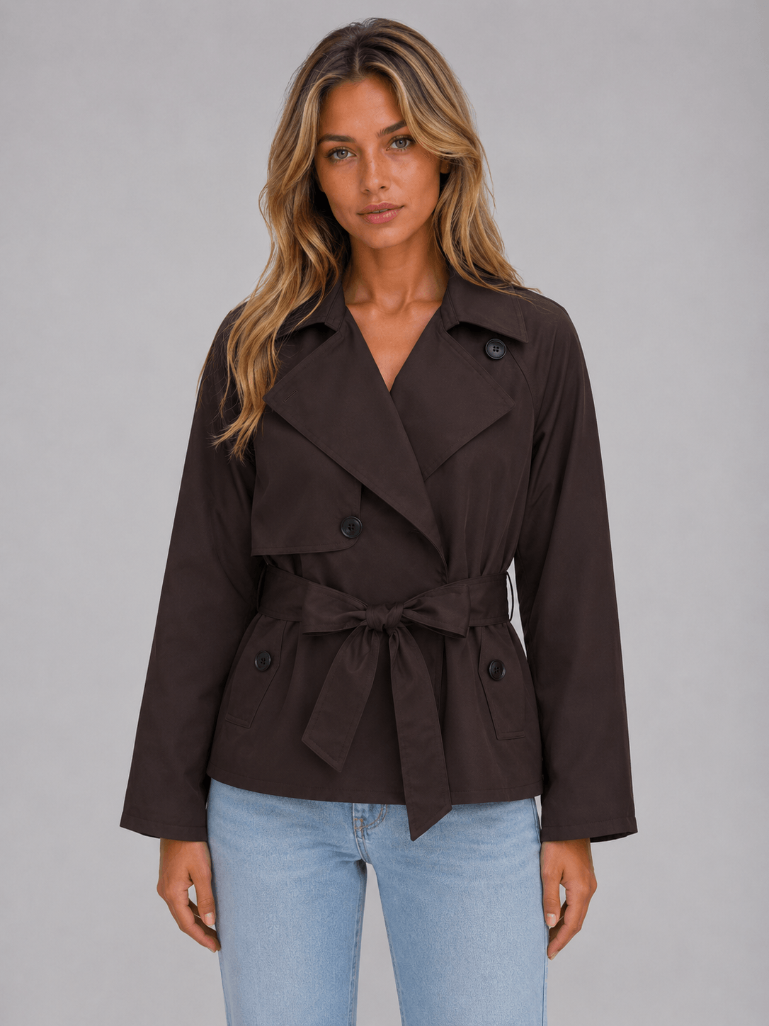 Trenchcoat dam kort med dubbelknäppt front, slagkrage och stormklaff