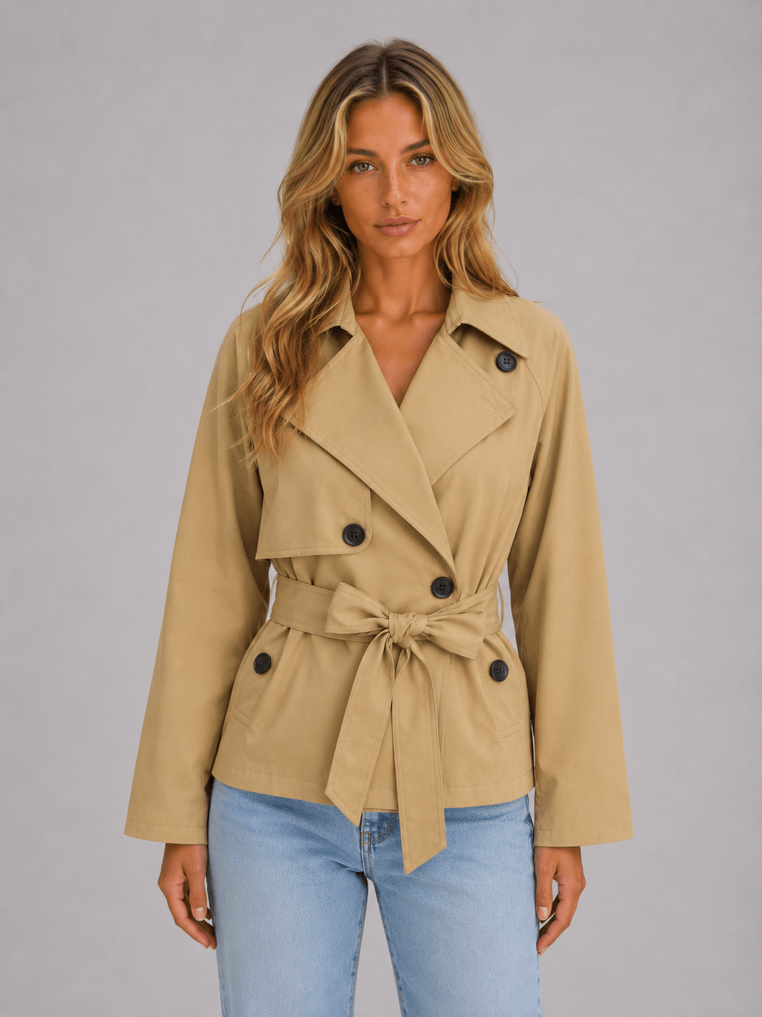 Trenchcoat dam kort med dubbelknäppt front, slagkrage och stormklaff
