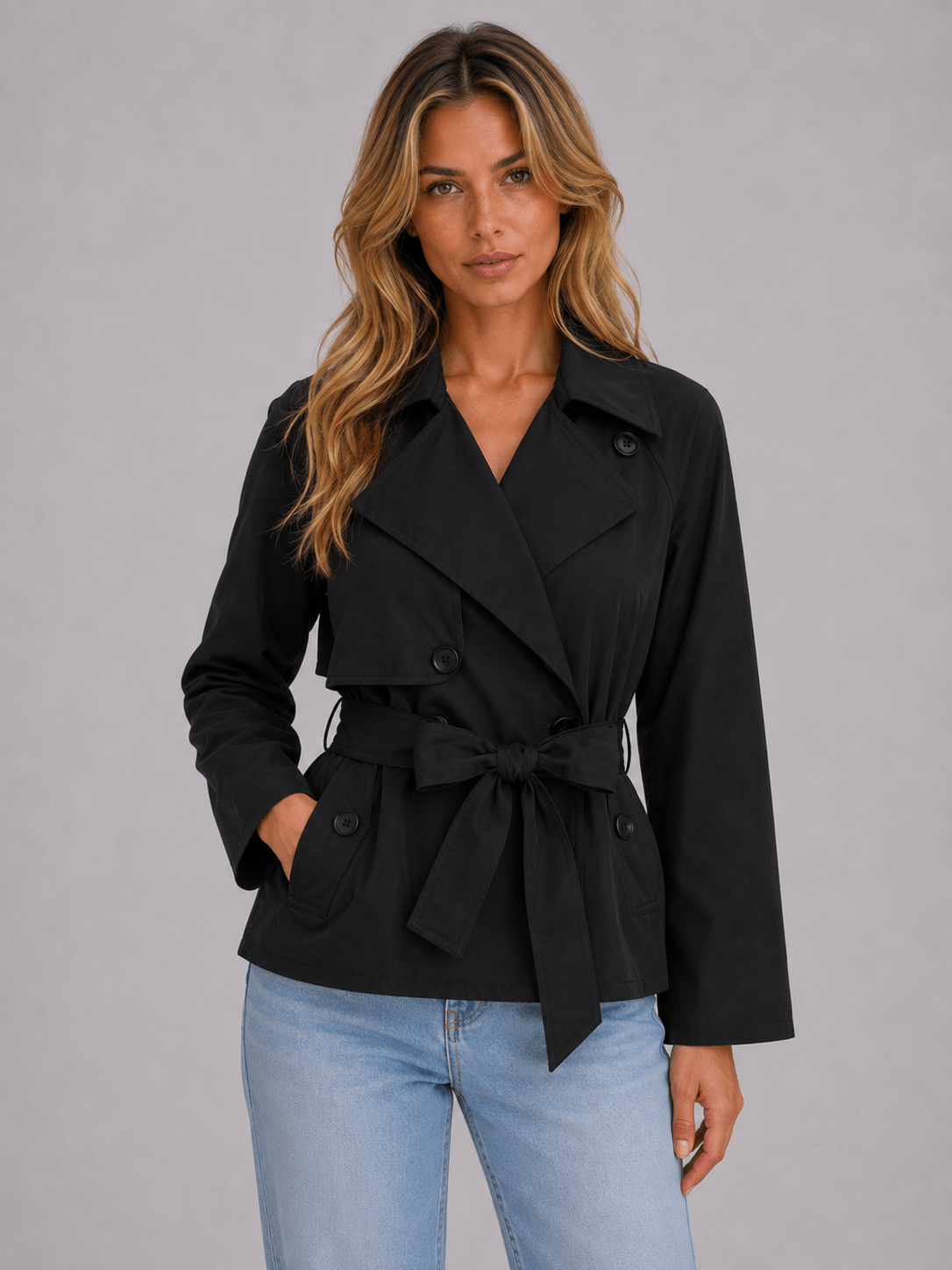 Trenchcoat dam kort med dubbelknäppt front, slagkrage och stormklaff