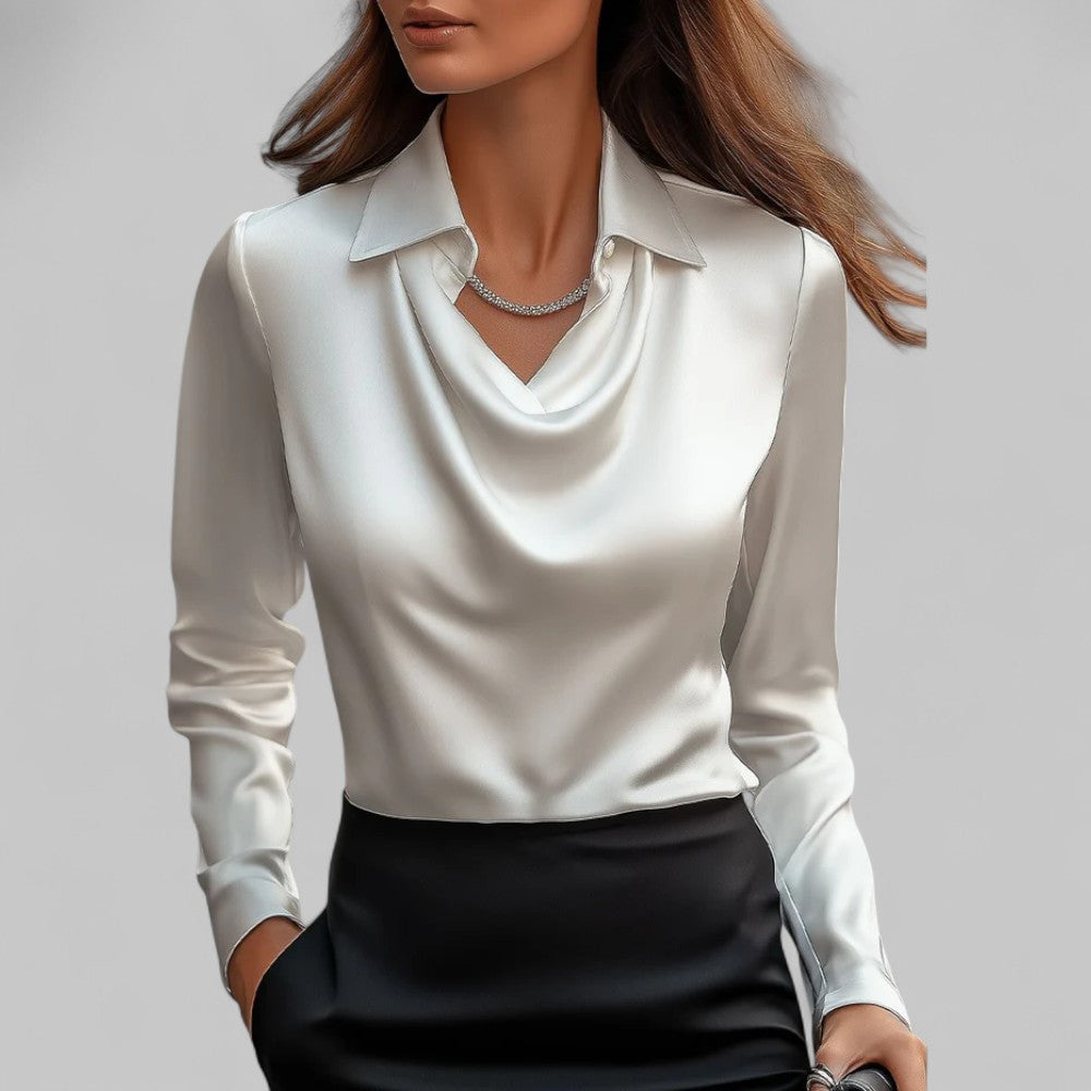 Dam blus med dragperad krage och långärmad regular fit