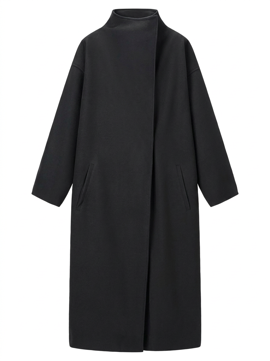 Vinterkappa dam oversized i ullblandning med stående krage, svart