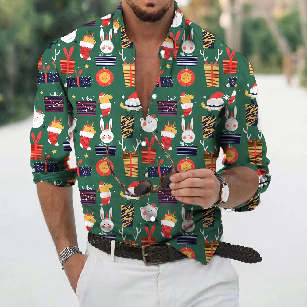 Julskjorta herr långärmad med julmotiv och knäppning framtill