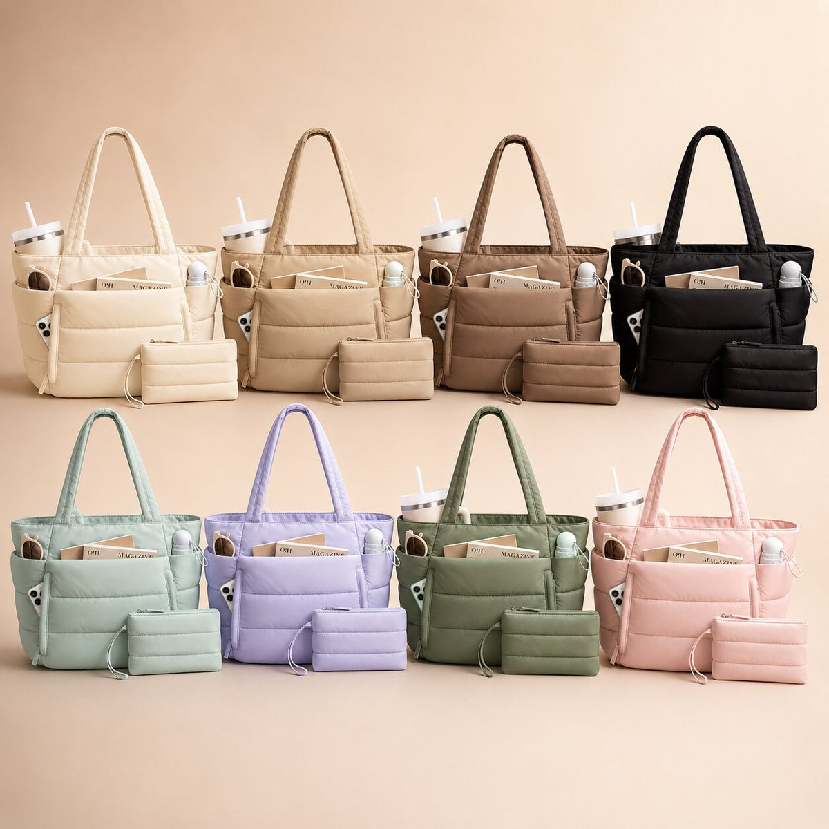 Tote bag dam i puffer-look med stort innerfack och sidofack