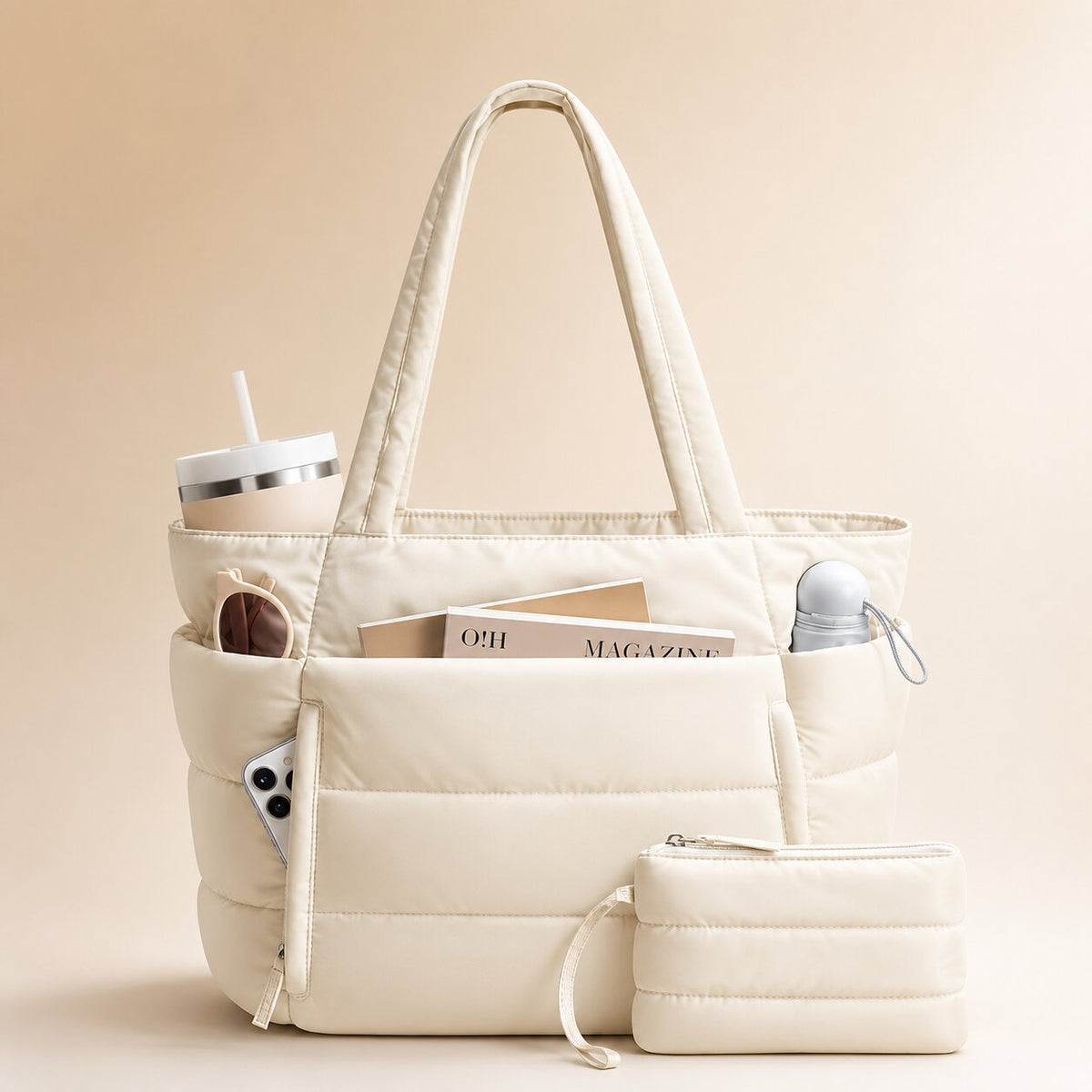 Tote bag dam i puffer-look med stort innerfack och sidofack