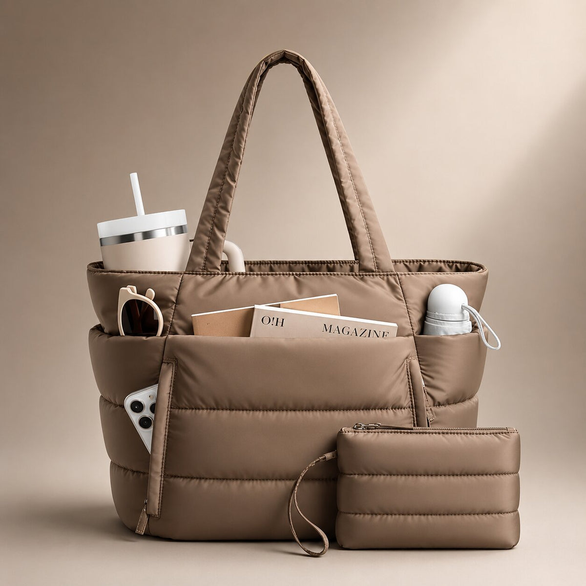 Tote bag dam i puffer-look med stort innerfack och sidofack