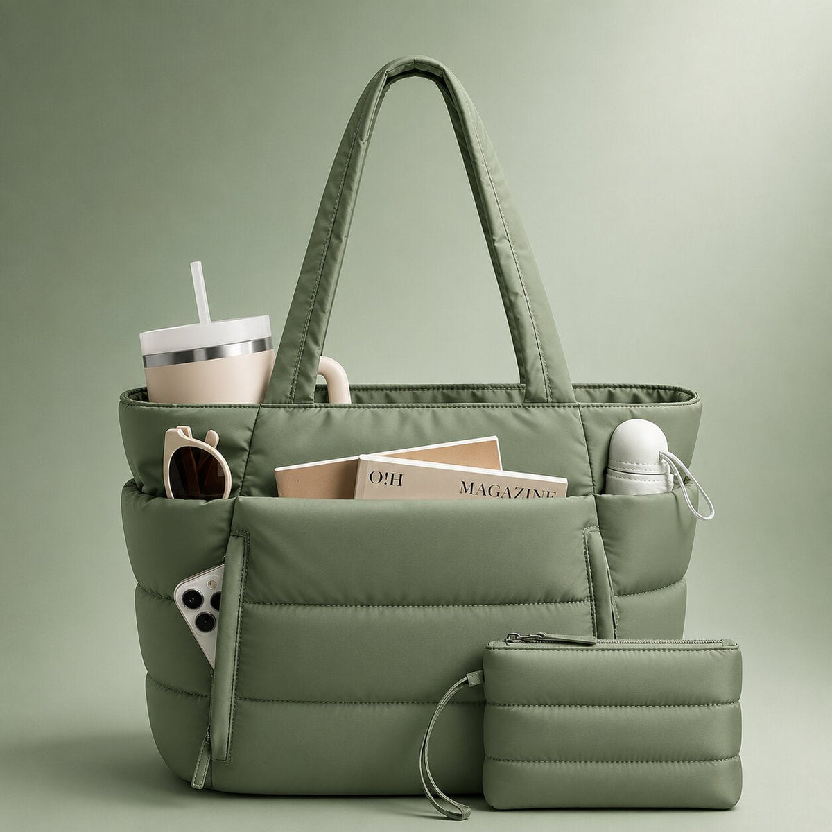 Tote bag dam i puffer-look med stort innerfack och sidofack
