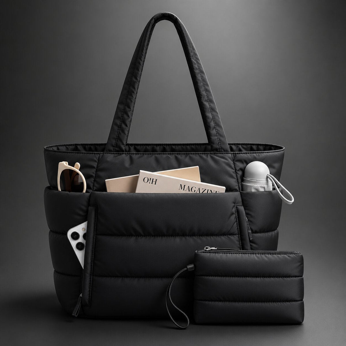 Tote bag dam i puffer-look med stort innerfack och sidofack
