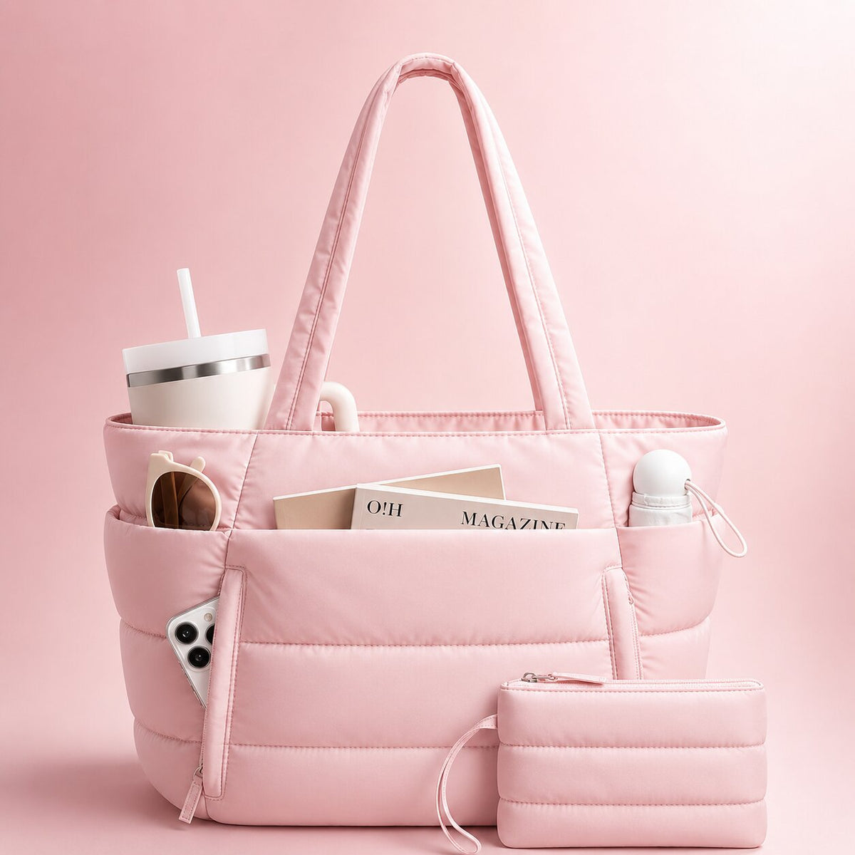 Tote bag dam i puffer-look med stort innerfack och sidofack