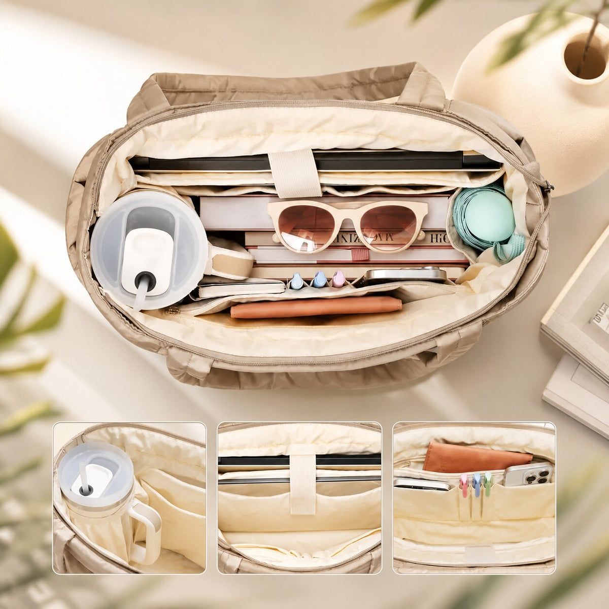 Tote bag dam i puffer-look med stort innerfack och sidofack