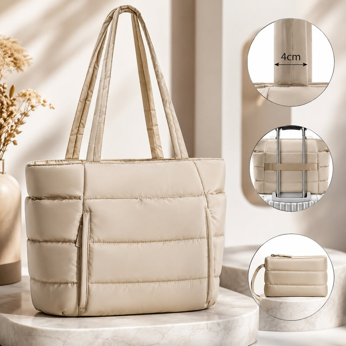 Tote bag dam i puffer-look med stort innerfack och sidofack