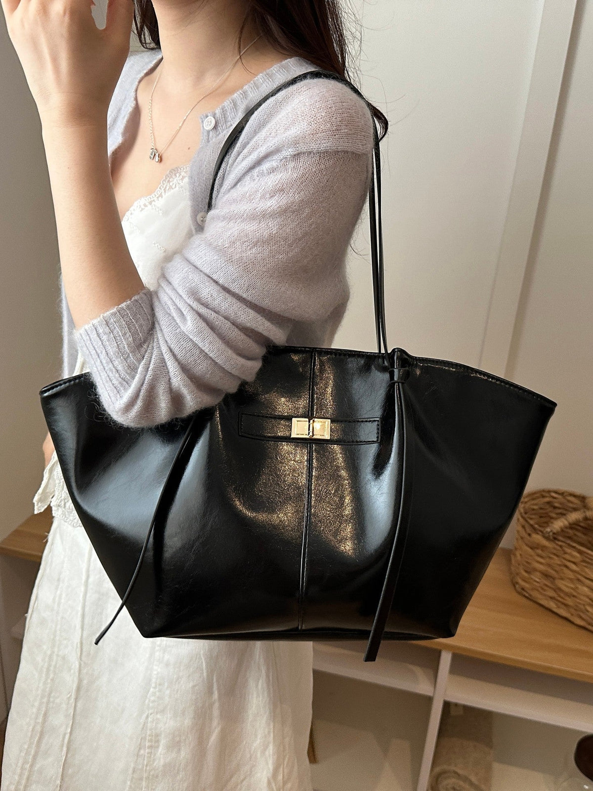 Tote bag dam strukturerad shopper handväska med stort innerfack