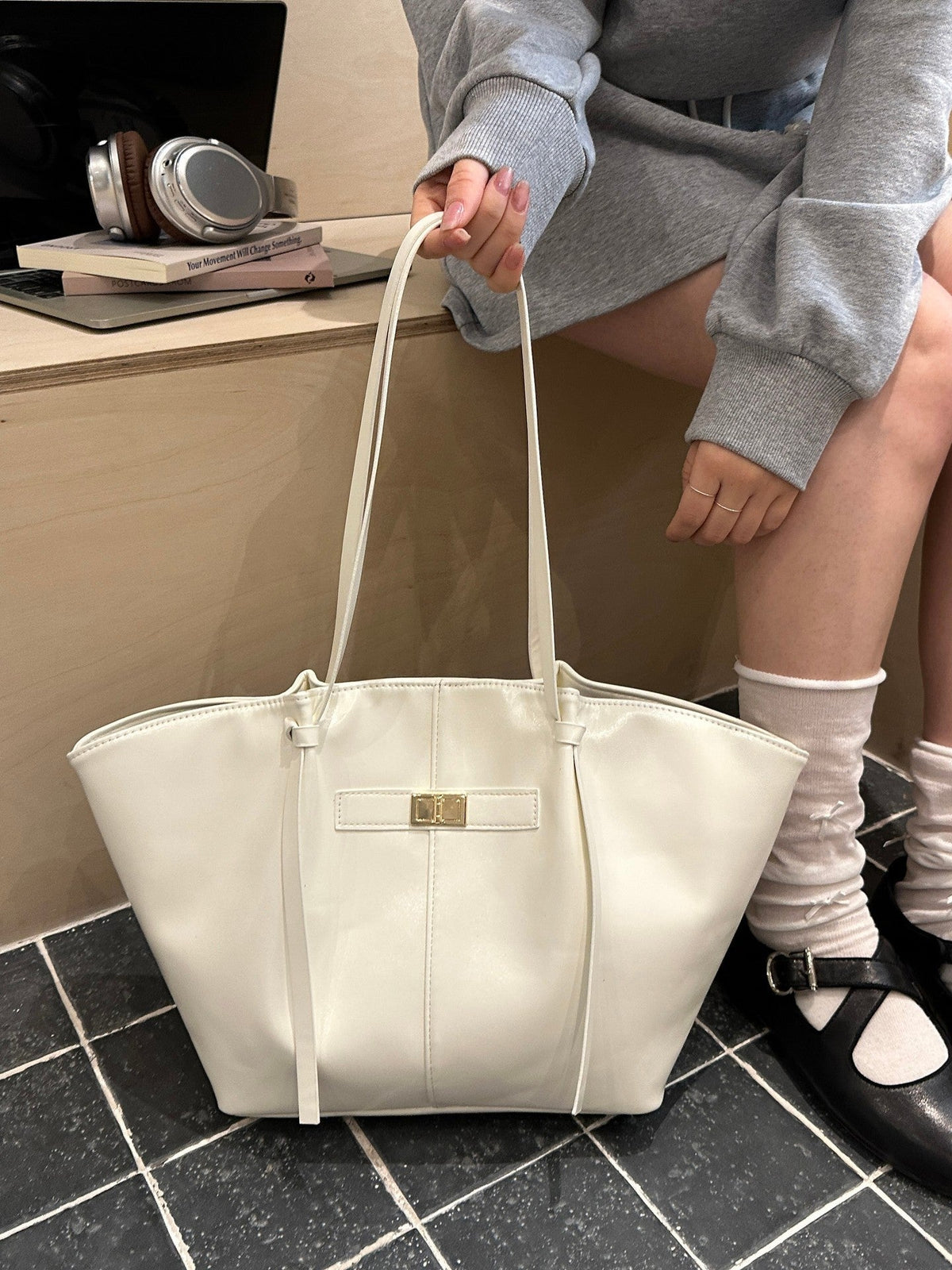 Tote bag dam strukturerad shopper handväska med stort innerfack
