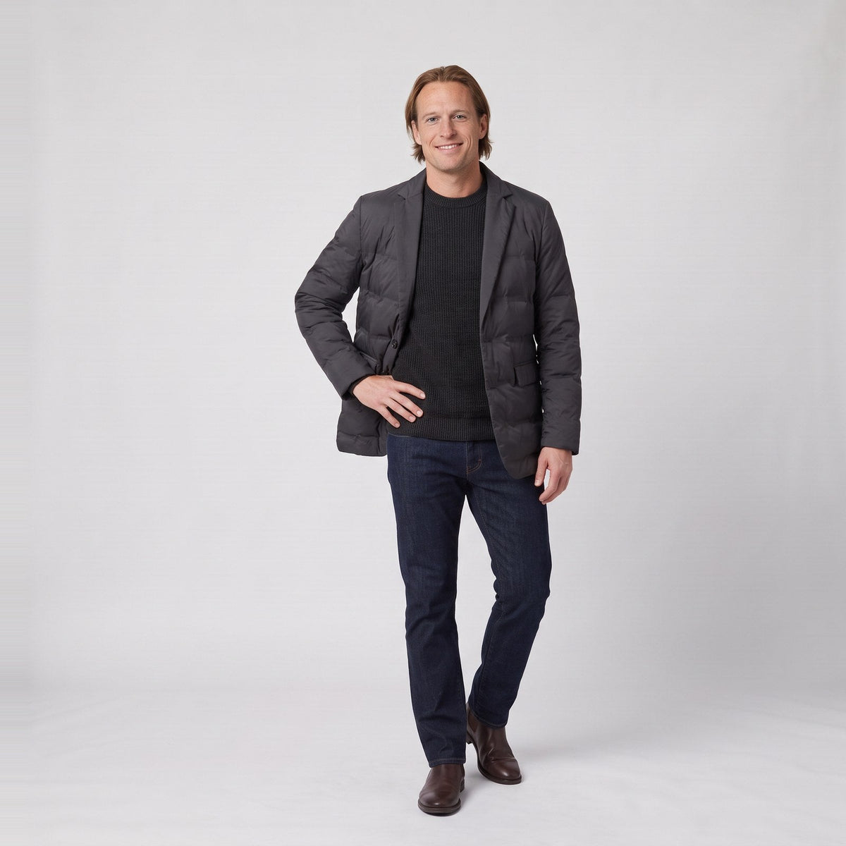 Herr steppad vinterjacka med knappfront och dold innerdragkedja