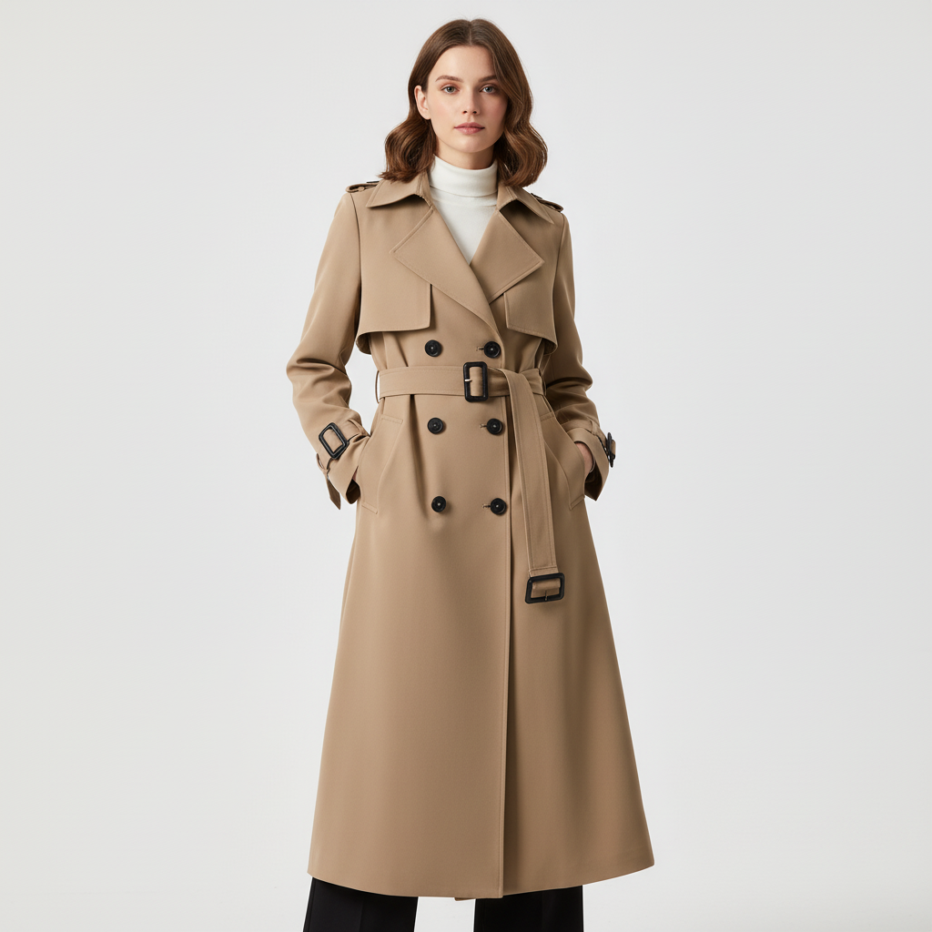 Trenchcoat dam lång med dubbelknäppning och bälte, tussenseizoen