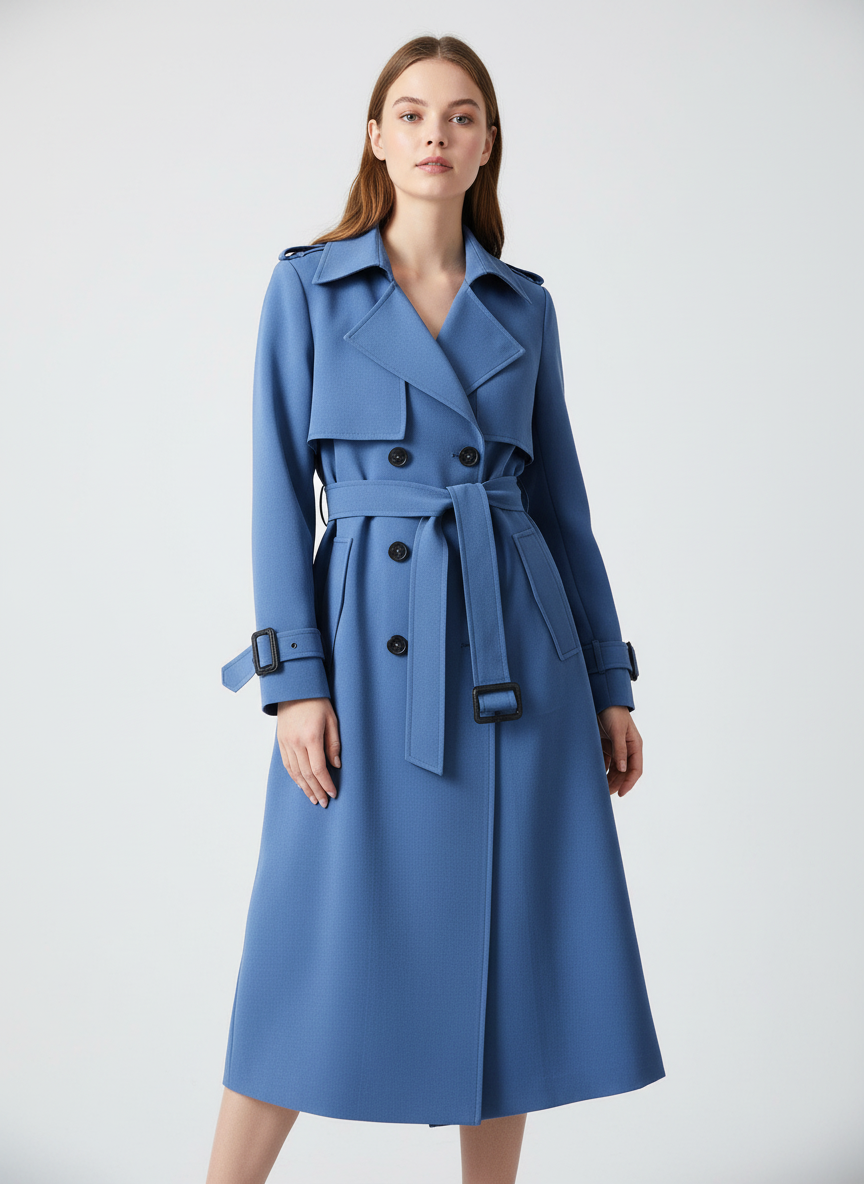 Trenchcoat dam lång med dubbelknäppning och bälte, tussenseizoen