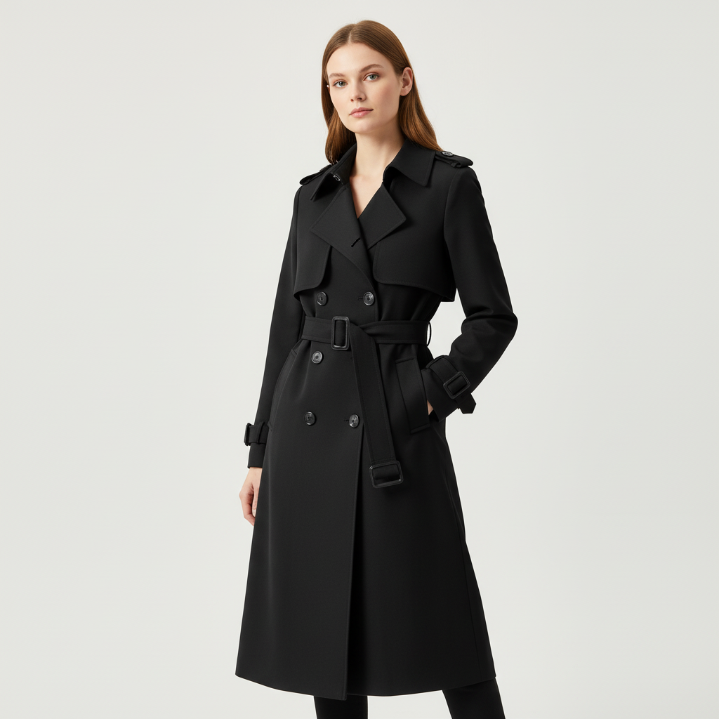 Trenchcoat dam lång med dubbelknäppning och bälte, tussenseizoen