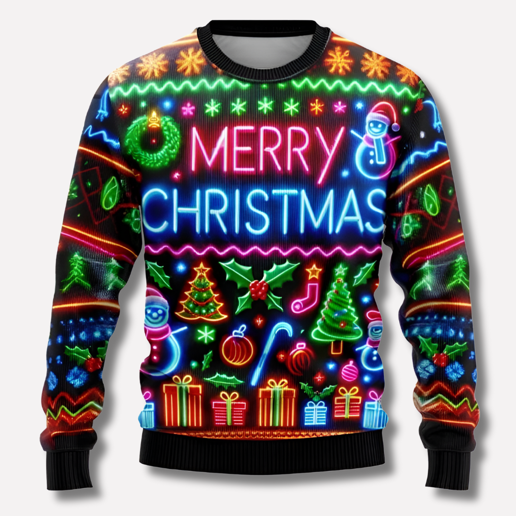 Jultröja unisex med neonfärgad ren och snöflingor, stickad blandning