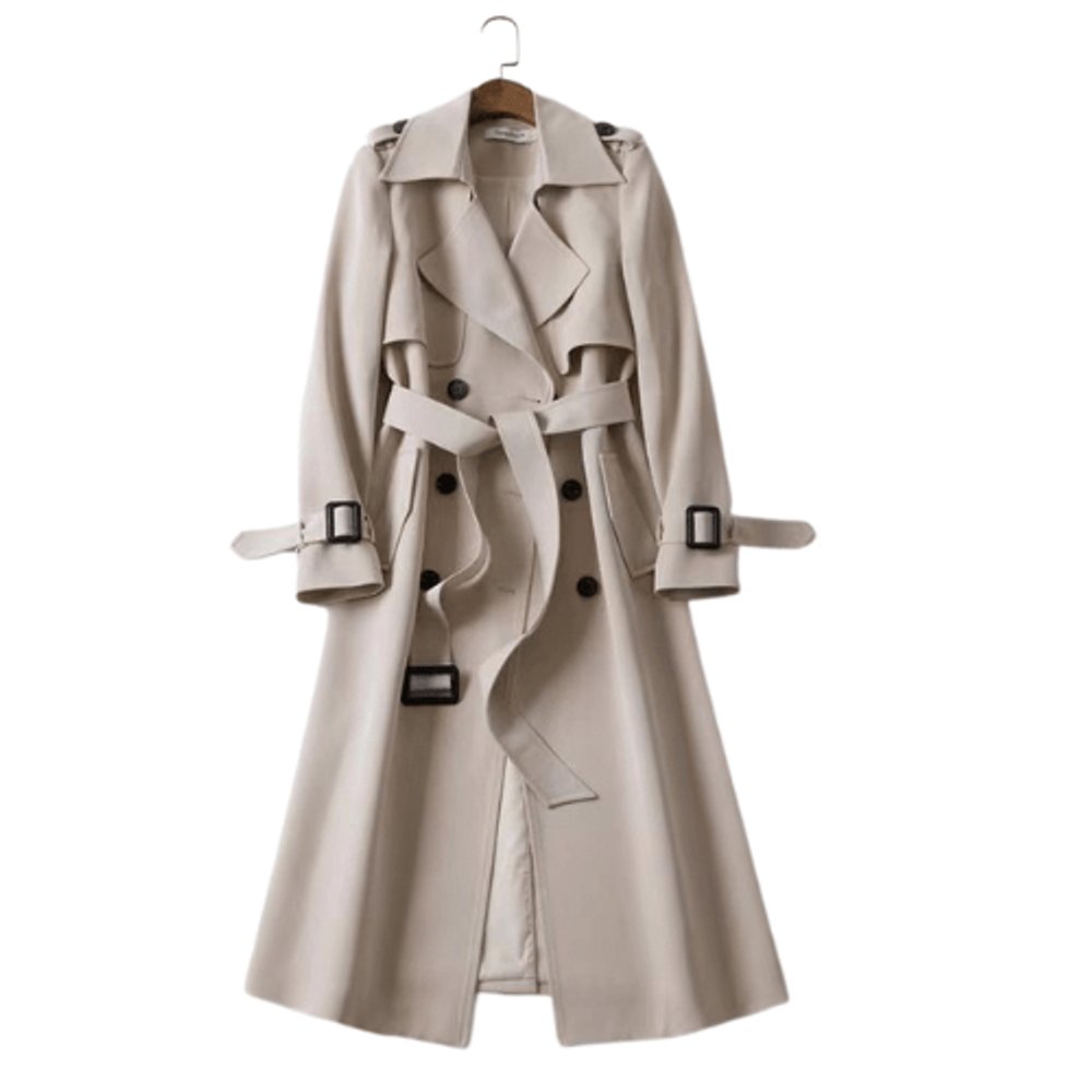 Trenchcoat dam midilängd med dubbelknäppt front och långärmad design